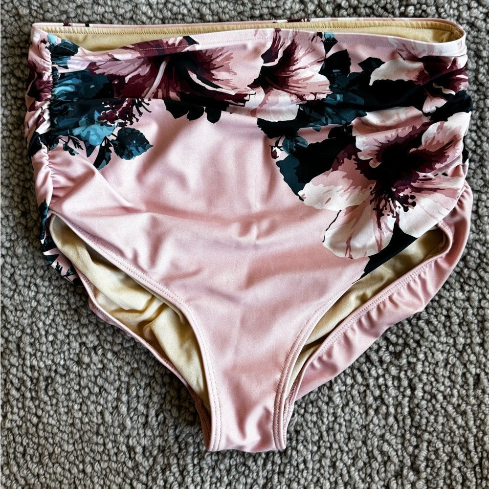 Albion Fit Brontë Floral High-Waisted Bikini Bottom Size Med with Ruched Sides